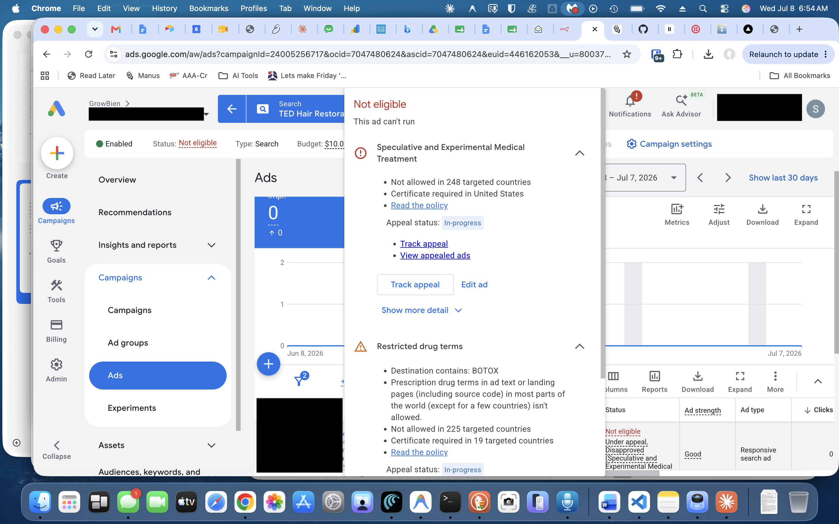 Live Google Ads console showing ad disapproval for Speculative Treatment and BOTOX restricted drug terms with appeals in progress