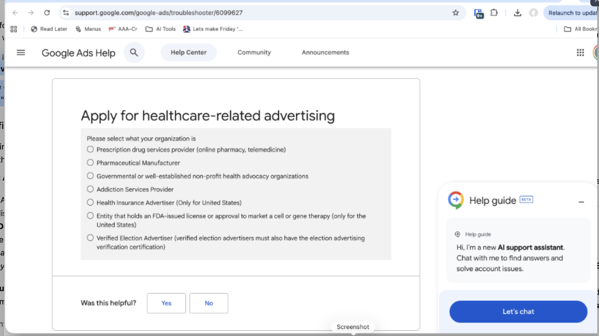 Google Ads Healthcare Application screen showing 7 organization options with no med spa or aesthetics practice category